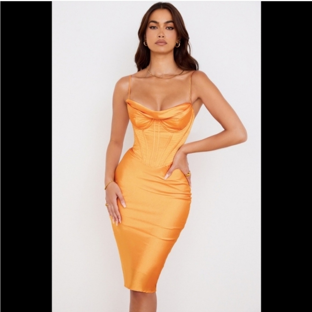 HOUSE OF CB Myrna Tangerine Satin Corset Midi Dress size Medium NWT